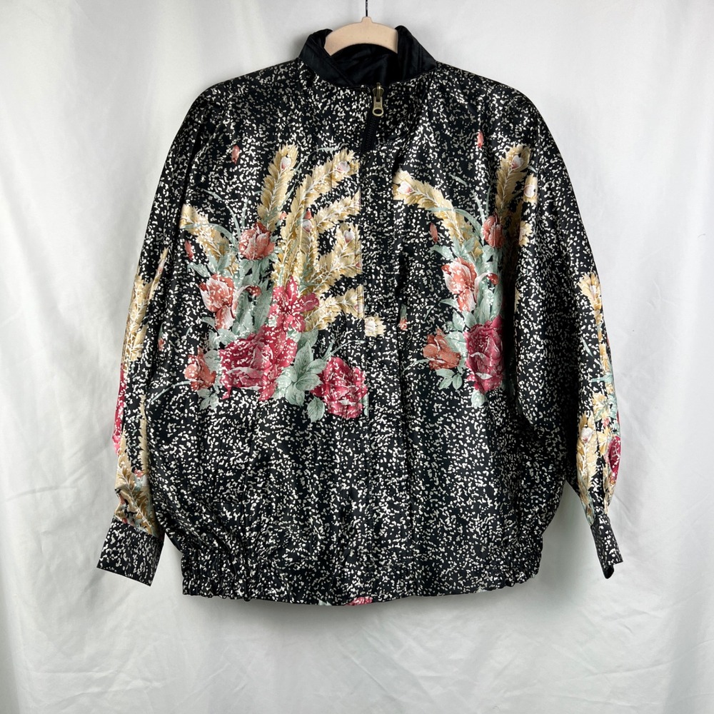 Vintage Reversible Floral Bomber Jacket Black Satin Oversized 80s 90s